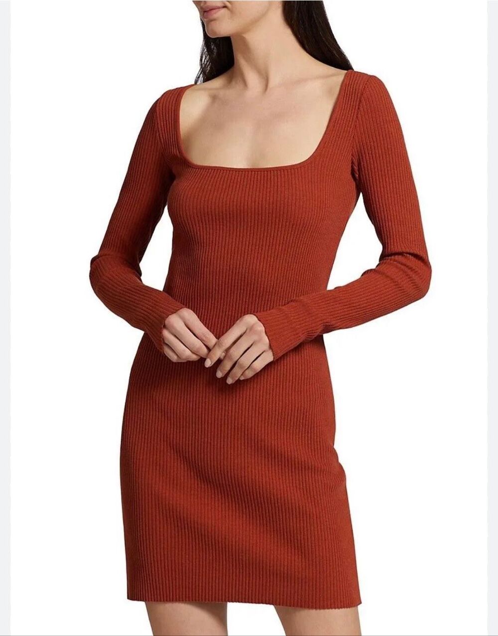 Vince Rust Amber Square Neck Ribbed Knit Mini Dress Long Sleeve NWT XL